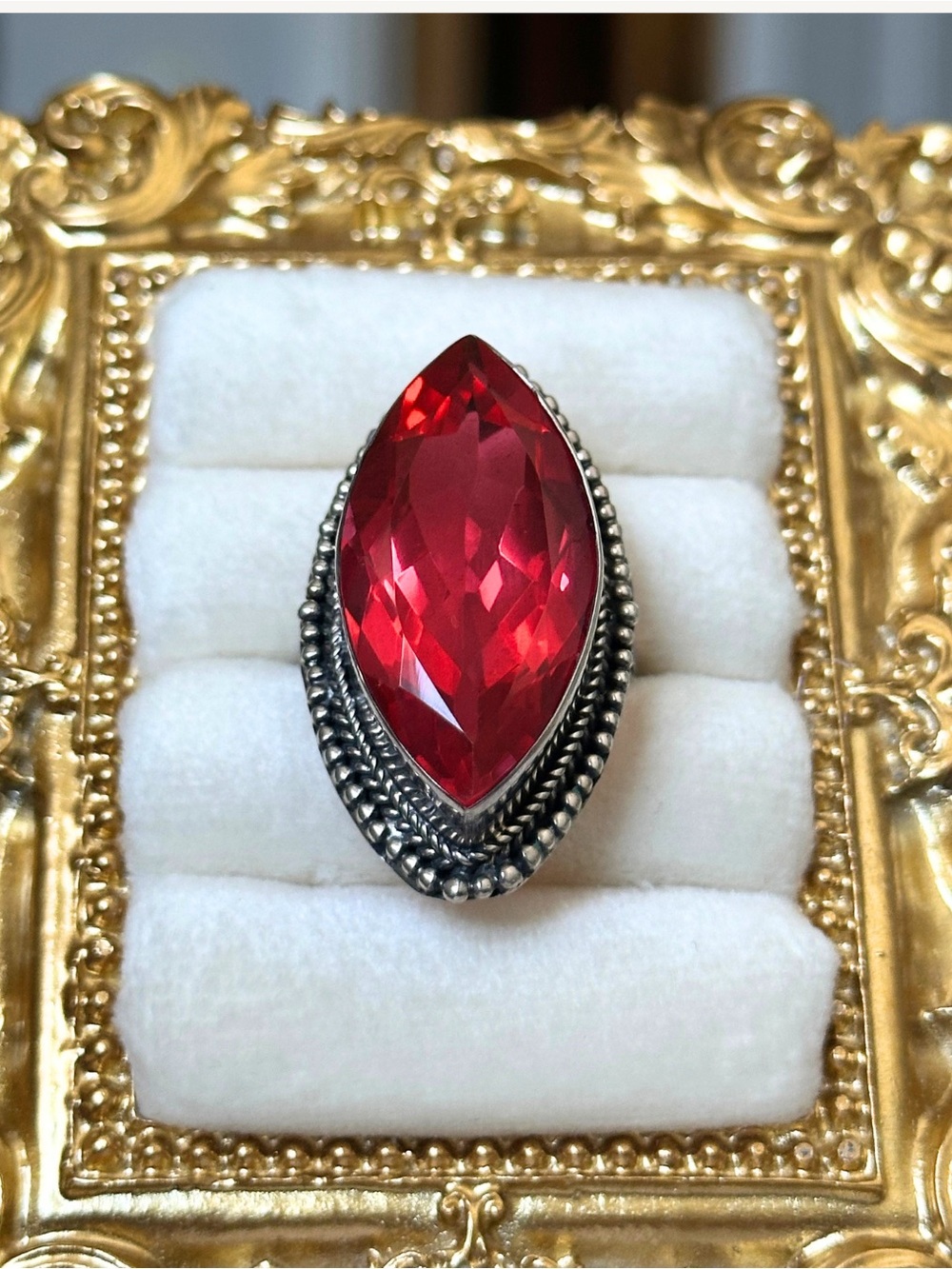 Red Spinel Sterling Silver Size 8 Marquise Navette 29.5mm Cocktail Ring - Picture 10 of 12